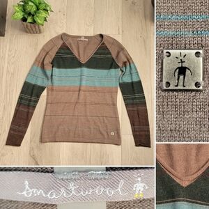 Smartwool Sulawesi Striped Merino Wool Blend Long Sleeve V-Neck Top, Women Small